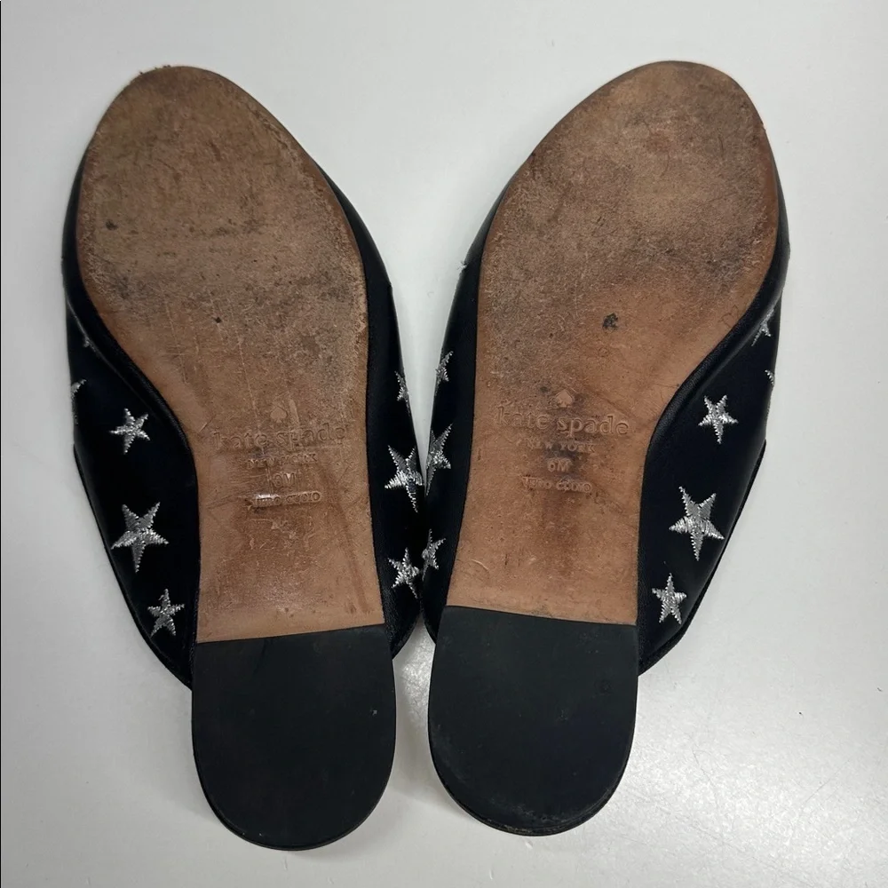 Kate Spade Mules Slides Leather Shoes Stars Embroidered Slip On Silver Black 6